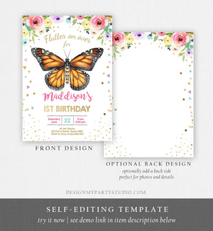Editable Butterfly Birthday Invitation Monarch Butterfly Garden Party Floral Flowers Pink Gold Girl Download Printable Template Corjl 0162