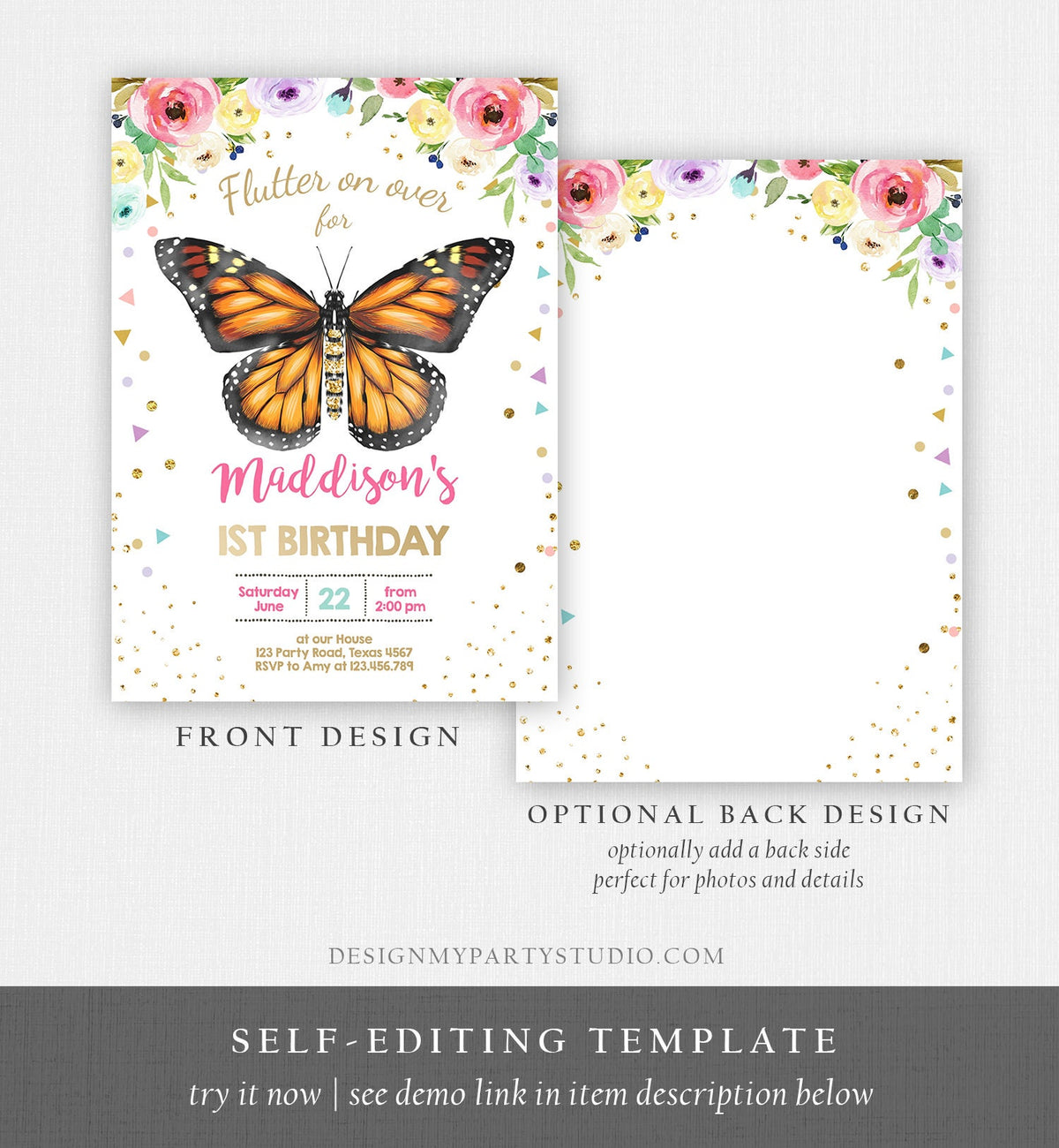 Editable Butterfly Birthday Invitation Monarch Butterfly Garden Party Floral Flowers Pink Gold Girl Download Printable Template Corjl 0162