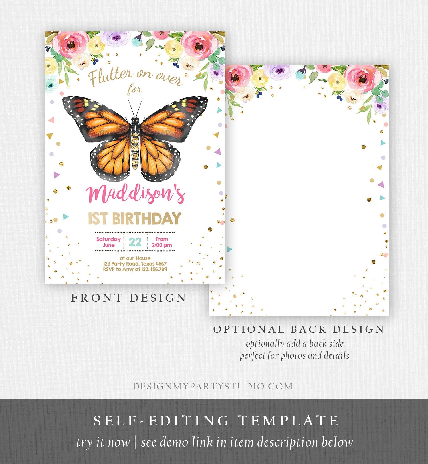 Editable Butterfly Birthday Invitation Monarch Butterfly Garden Party Floral Flowers Pink Gold Girl Download Printable Template Corjl 0162