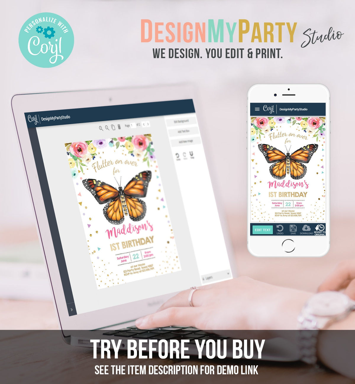 Editable Butterfly Birthday Invitation Monarch Butterfly Garden Party Floral Flowers Pink Gold Girl Download Printable Template Corjl 0162