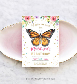Editable Butterfly Birthday Invitation Monarch Butterfly Garden Party Floral Flowers Pink Gold Girl Download Printable Template Corjl 0162