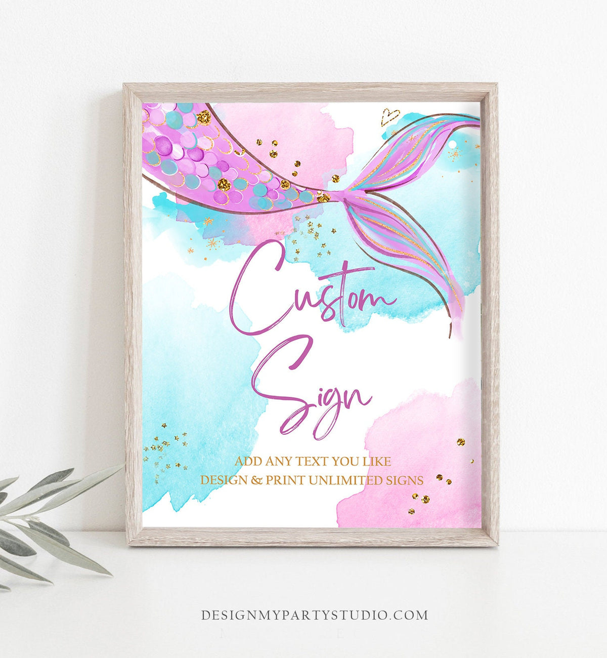 Editable Custom Sign Mermaid Tail Watercolor Pink Purple Aqua Girl Birthday Shower Table Sign Decoration 8x10 Download Printable 0403