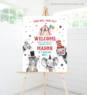 Editable Circus Welcome Sign Carousal Birthday Sign Carnival Welcome Boy Amusement Park Come One Come All Red Template PRINTABLE Corjl 0355