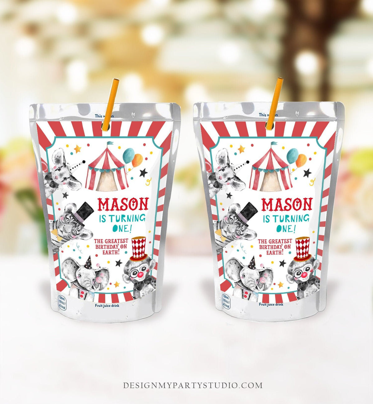 Editable Circus Juice Pouch Label Juice Favors Carnival Festival Birthday Big Top Boy Birthday Digital Download Template Printable 0355