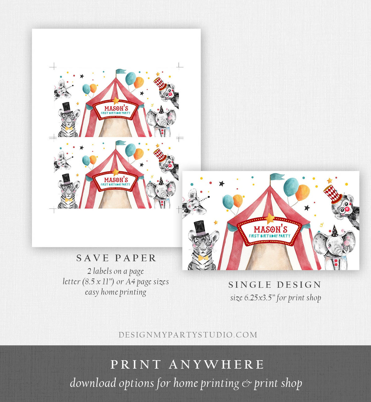 Editable Circus Gable Gift Box Label Carnival Favor Box Circus Birthday Treat Box Label Circus Theme Big Top Digital Template Printable 0355