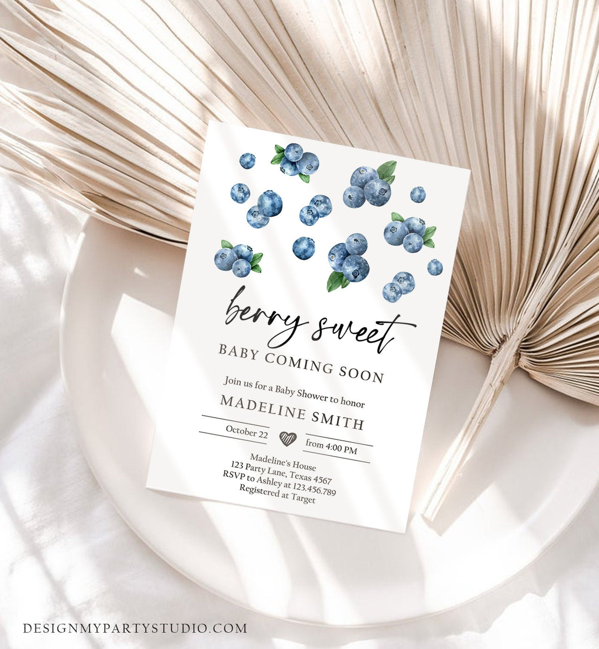 Editable Blueberry Baby Shower Invitation Cute Berry Sweet Baby Boy Blueberries Summer Fruit Download Printable Template Corjl Digital 0399