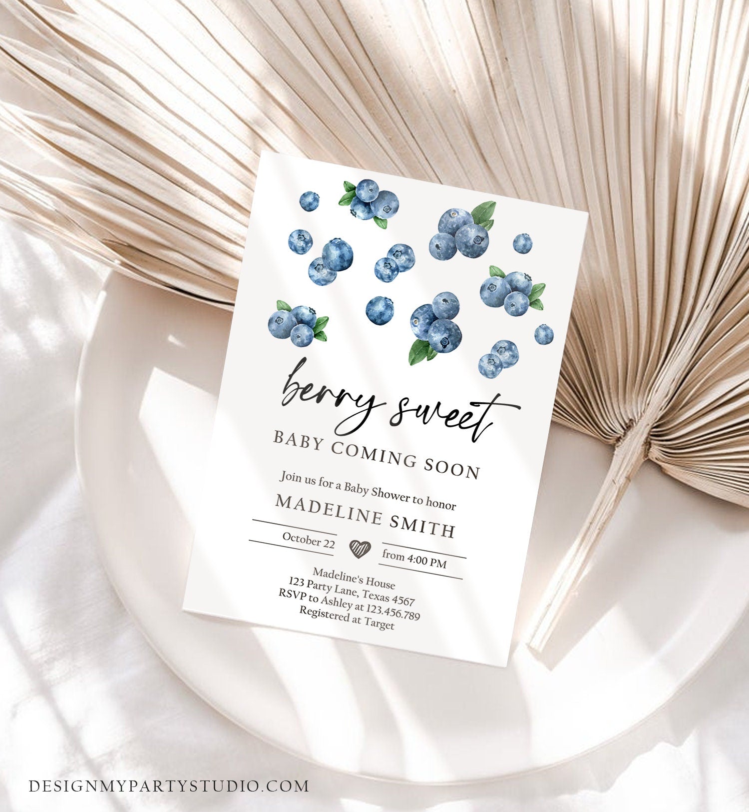 Editable Blueberry Baby Shower Invitation Cute Berry Sweet Baby Boy Blueberries Summer Fruit Download Printable Template Corjl Digital 0399