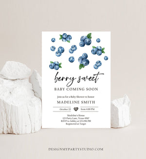 Editable Blueberry Baby Shower Invitation Cute Berry Sweet Baby Boy Blueberries Summer Fruit Download Printable Template Corjl Digital 0399