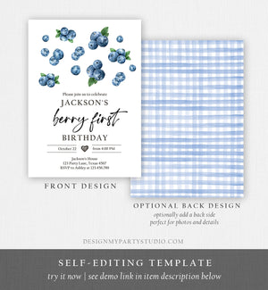 Editable Blueberry Birthday Invitation First Birthday Berry Sweet Boy Cute Blueberries 1st Download Printable Template Corjl Digital 0399