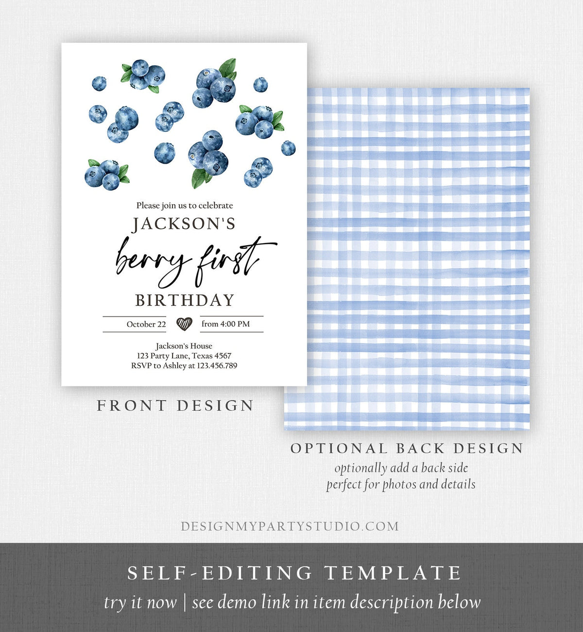 Editable Blueberry Birthday Invitation First Birthday Berry Sweet Boy Cute Blueberries 1st Digital Download Evite Template Printable 0399