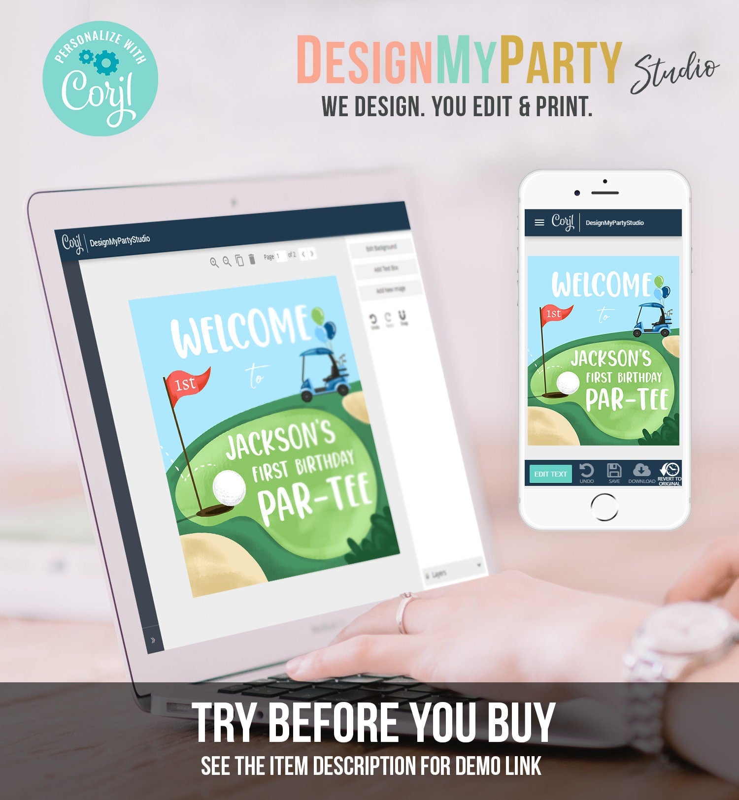 Editable Golf Birthday Welcome Sign 1st Birthday Boy Hole in One Party First Birthday Par-Tee Golfing Golf Digital Template Printable 0405