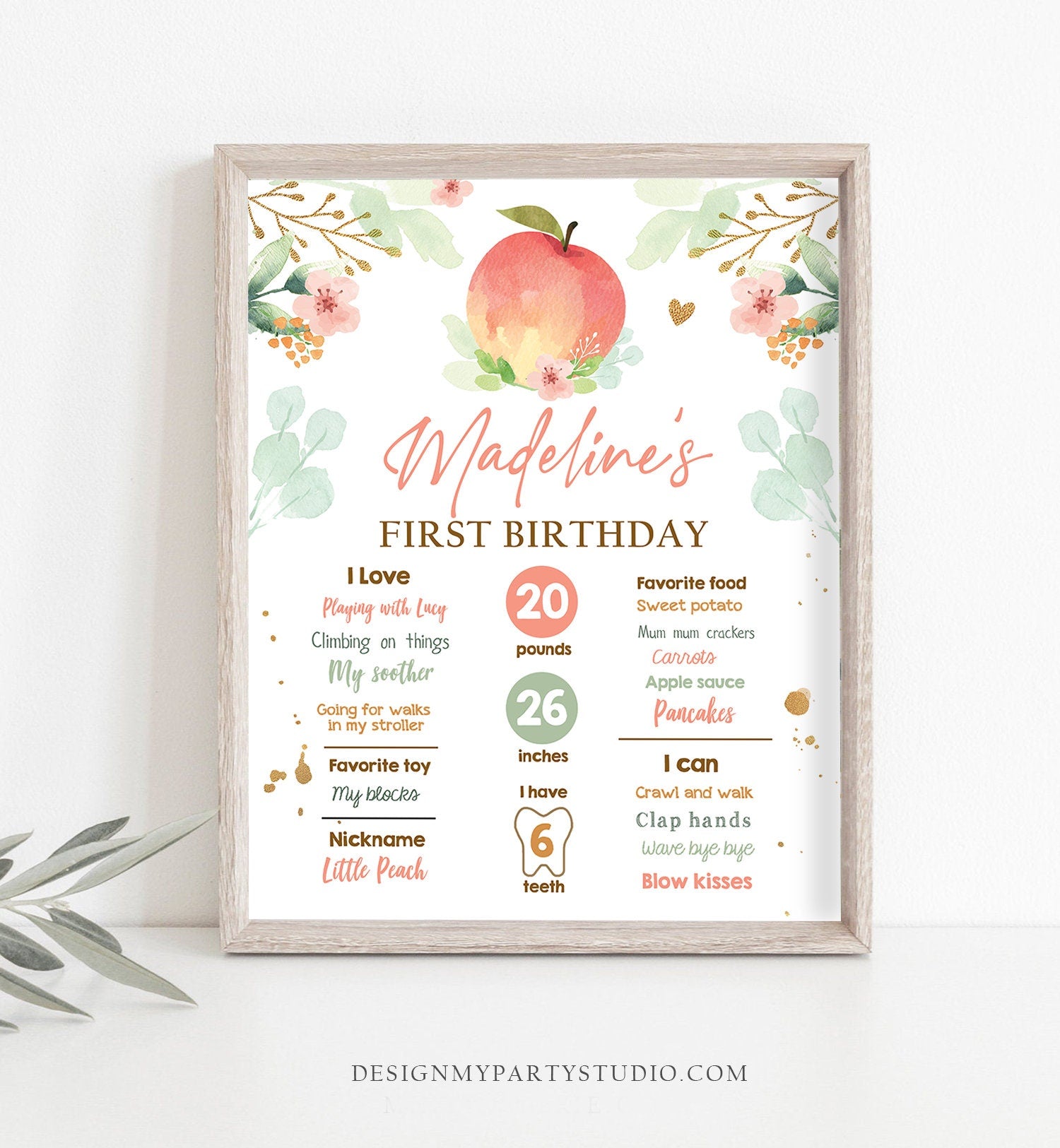 Editable Peach Birthday Milestones Sign Sweet as a Peach First Birthday Gold Floral Girl 1st Birthday Poster Template Printable Corjl 0401