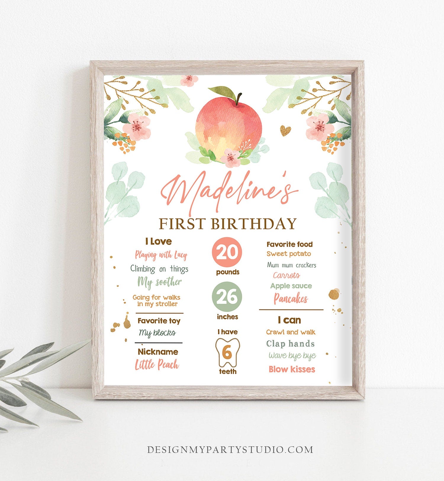 Editable Peach Birthday Milestones Sign Sweet as a Peach First Birthday Gold Floral Girl Poster Digital Download Template Printable 0401