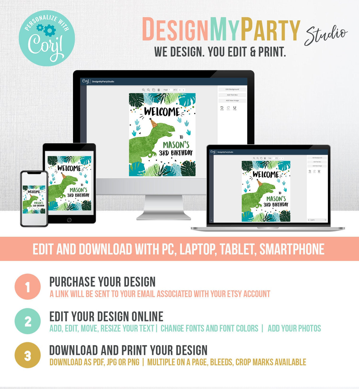 Editable Dinosaur Welcome Sign Boy Green Blue Dino Dig Party TRex Dinosaur Birthday Sign Table Sign Digital Download Template PRINTABLE 0389