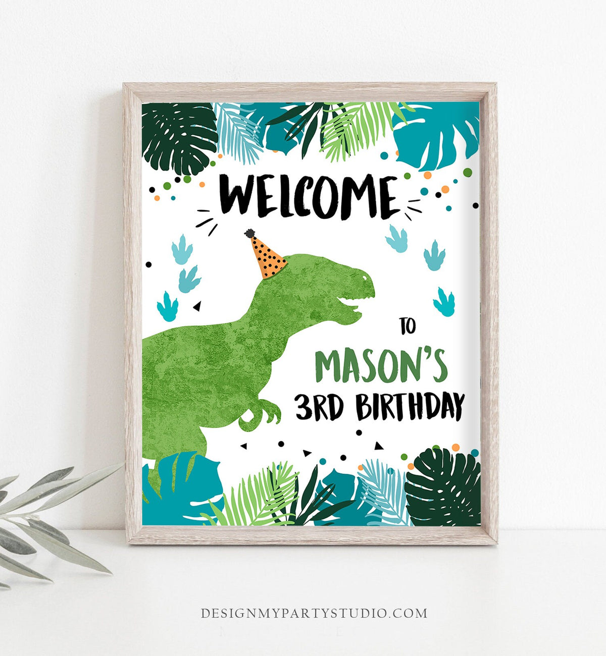 Editable Dinosaur Welcome Sign Boy Green Blue Dino Dig Party TRex Dinosaur Birthday Sign Table Sign Digital Download Template PRINTABLE 0389