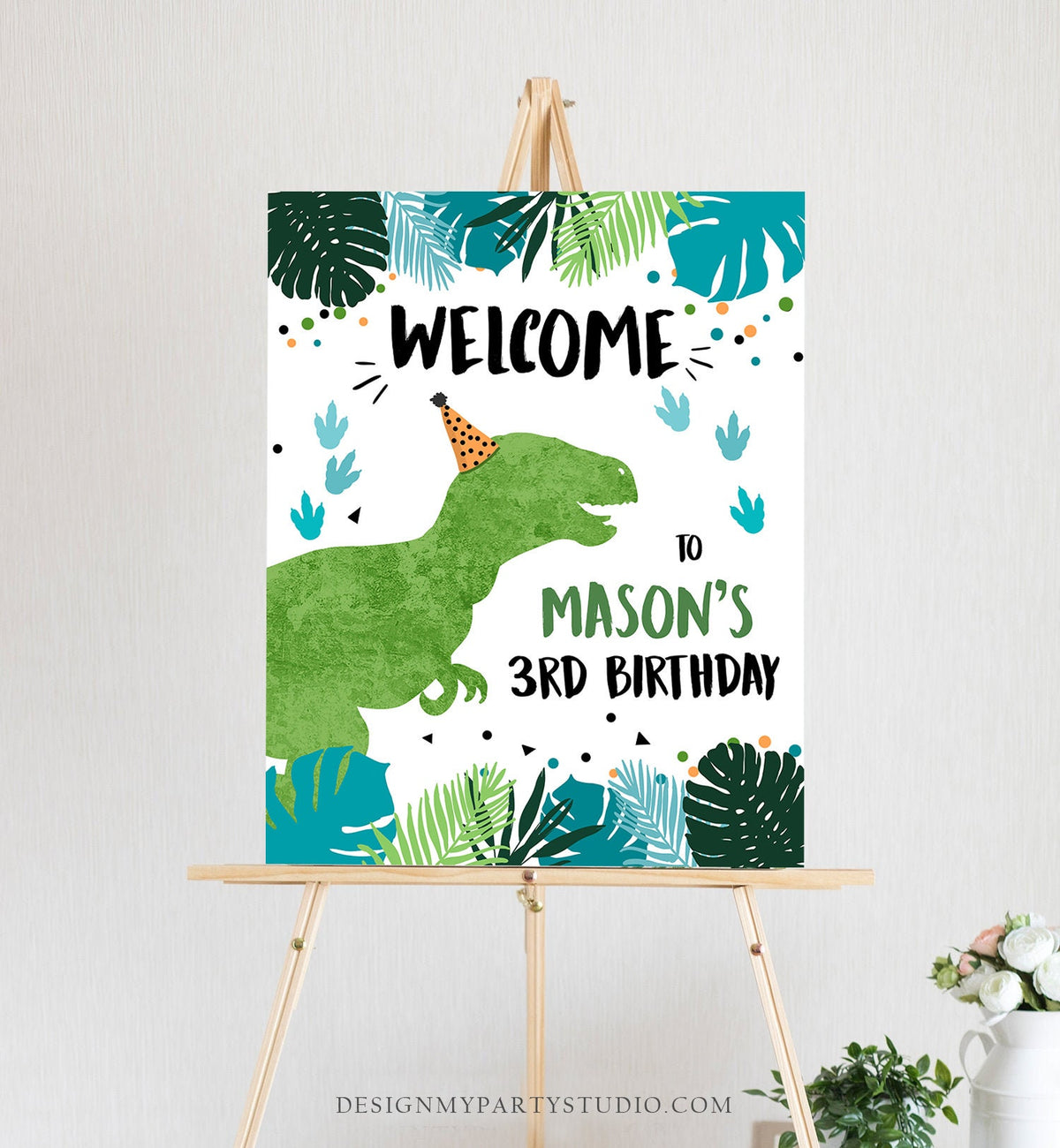 Editable Dinosaur Welcome Sign Boy Green Blue Dino Dig Party TRex Dinosaur Birthday Sign Table Sign Digital Download Template PRINTABLE 0389