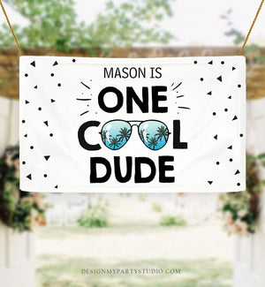 Editable One Cool Dude Backdrop Banner Boy First Birthday Party Sunglasses Pilot Two Cool Decorations Download Corjl Template Printable 0136