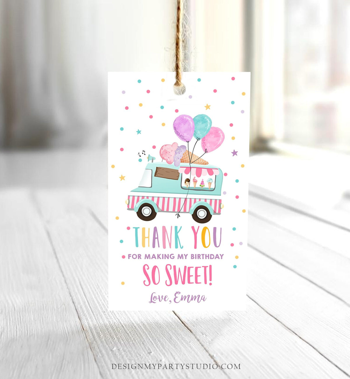 Editable Ice Cream Truck Favor Tag Birthday Favors Thank You Sweet Girl Pink Balloons Gold Gift Digital Download Template Printable 0243