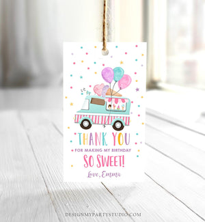 Editable Ice Cream Truck Favor Tag Birthday Favors Thank You Sweet Girl Pink Balloons Confetti Gold Gift Corjl Template Printable 0243