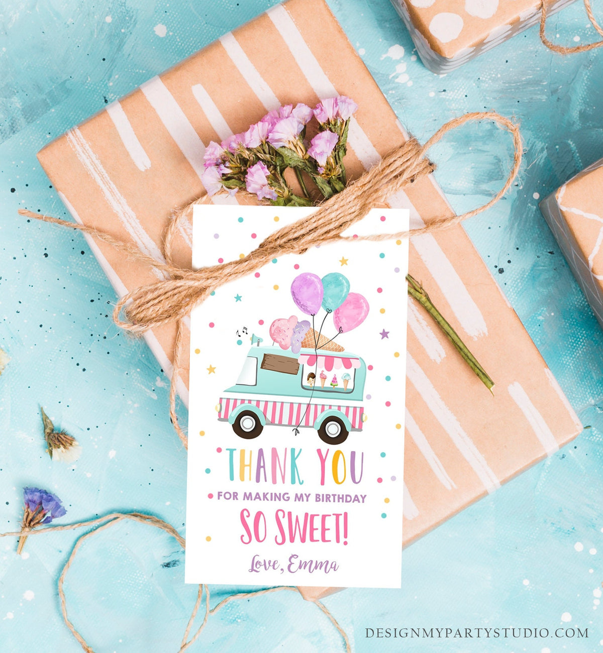 Editable Ice Cream Truck Favor Tag Birthday Favors Thank You Sweet Girl Pink Balloons Gold Gift Digital Download Template Printable 0243