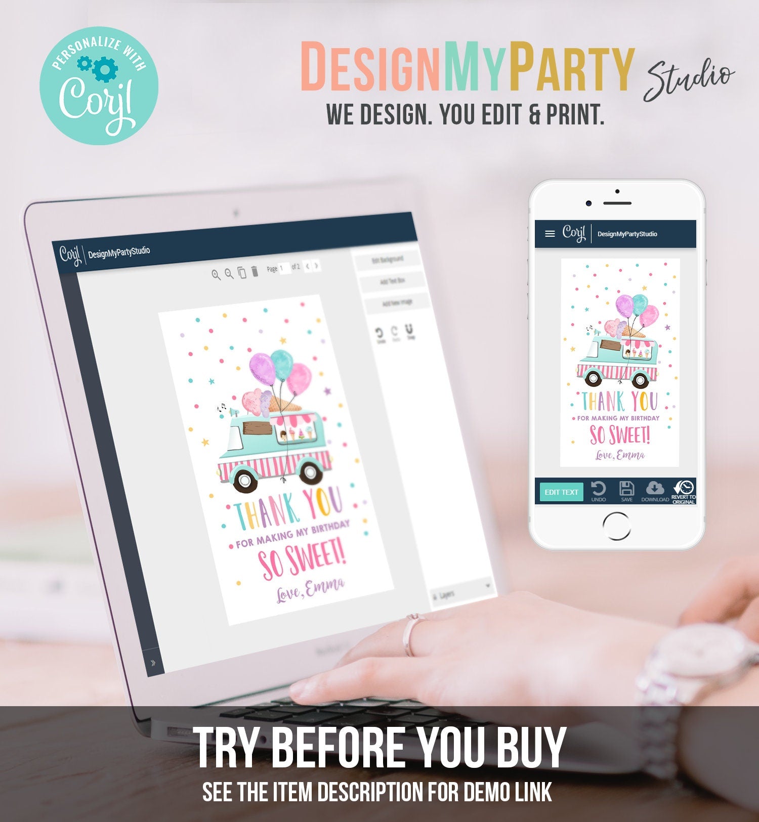 Editable Ice Cream Truck Favor Tag Birthday Favors Thank You Sweet Girl Pink Balloons Gold Gift Digital Download Template Printable 0243