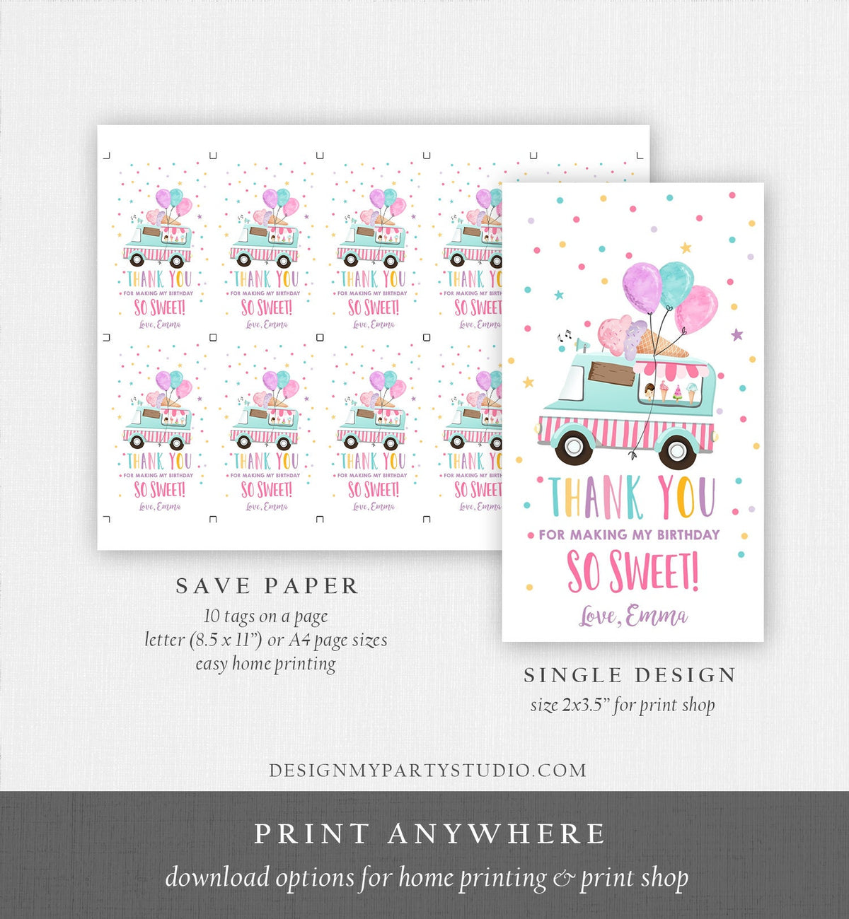Editable Ice Cream Truck Favor Tag Birthday Favors Thank You Sweet Girl Pink Balloons Gold Gift Digital Download Template Printable 0243
