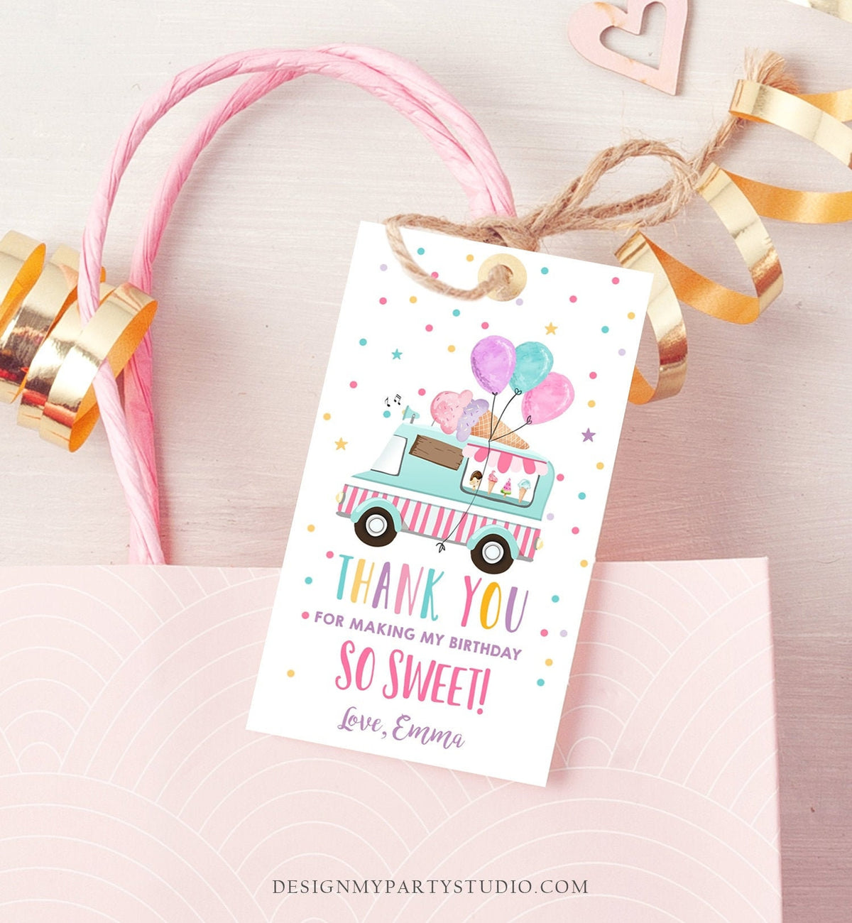 Editable Ice Cream Truck Favor Tag Birthday Favors Thank You Sweet Girl Pink Balloons Gold Gift Digital Download Template Printable 0243