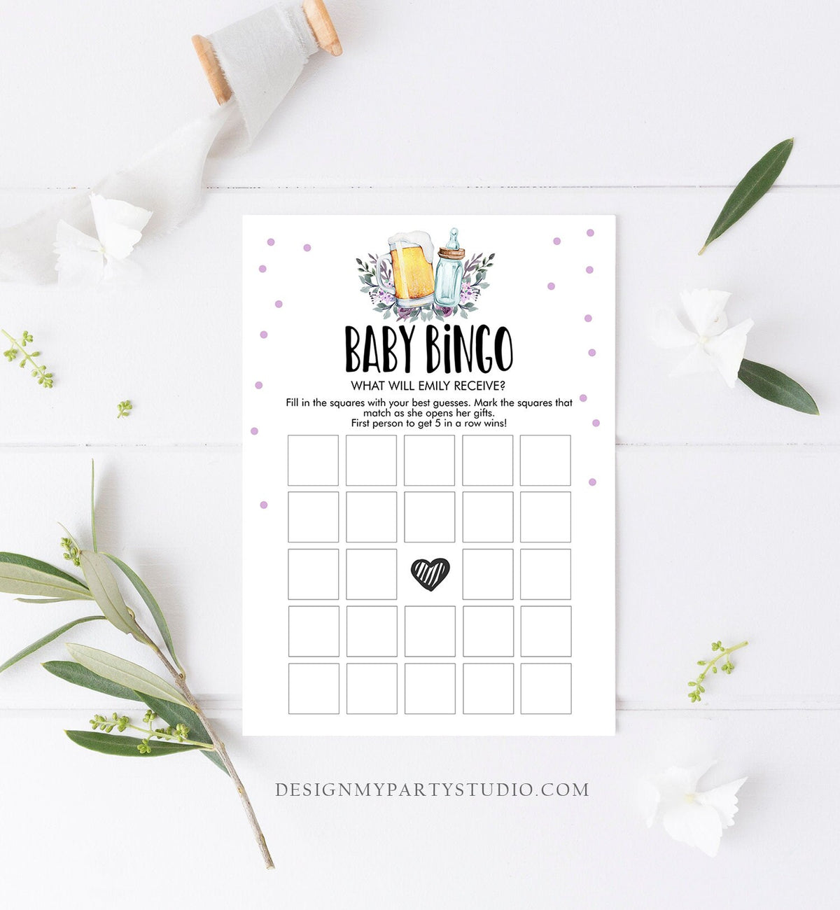 Editable Baby Bingo Baby Shower Game Greenery Baby is Brewing Shower Activity Purple Lilac Beer Bottle Party Corjl Template Printable 0190