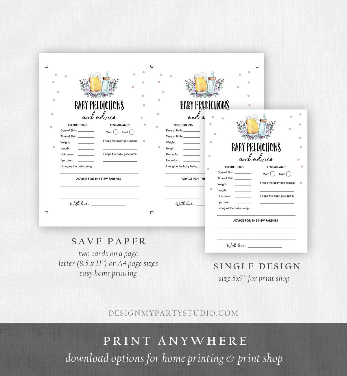 Editable Baby Predictions Baby Shower Game Advice for Parents Greenery Baby is Brewing Purple Beer Bottle Corjl Template Printable 0190