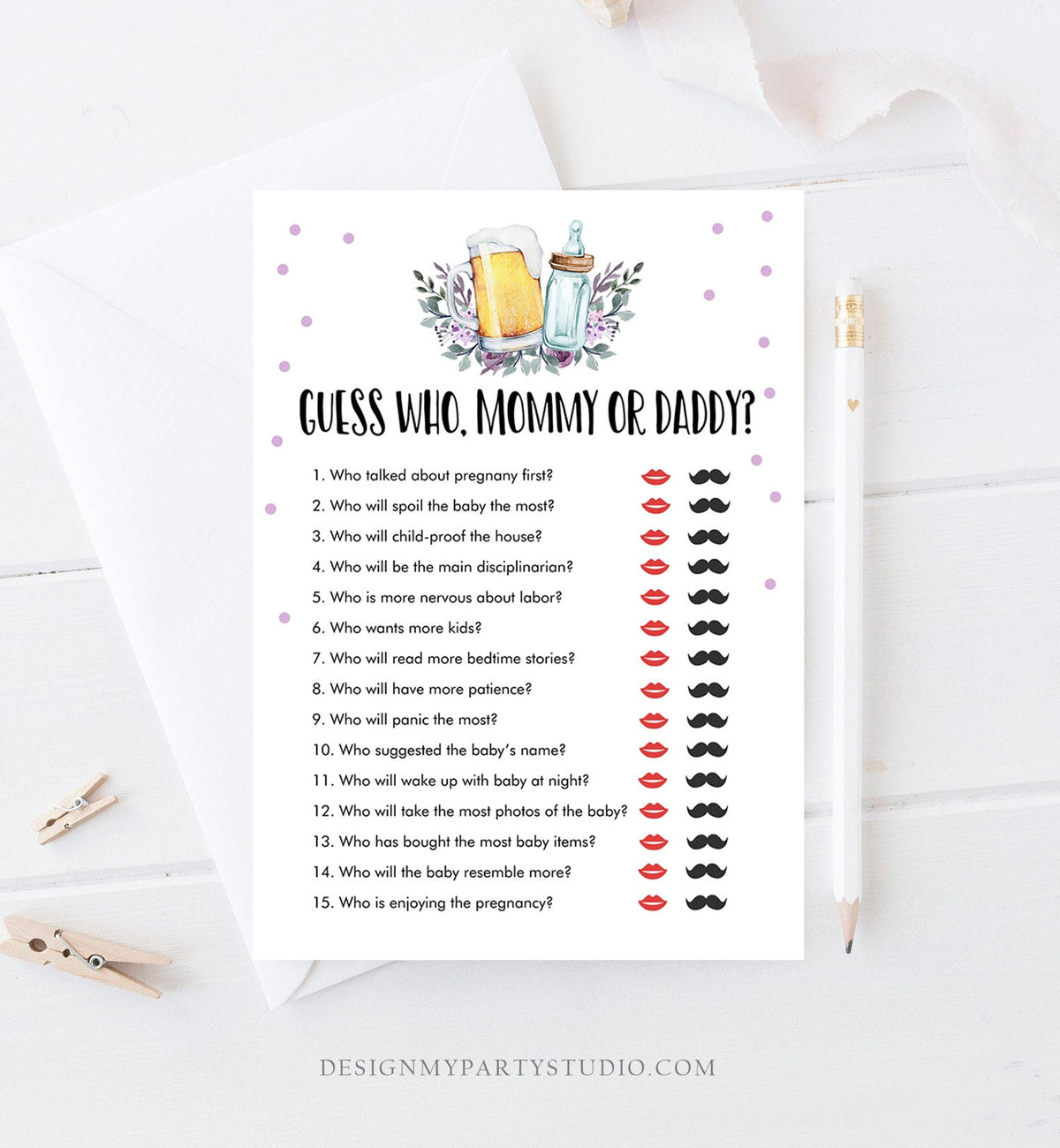 Editable Mommy or Daddy Baby Shower Game Guess Who Mom Dad Greenery Baby is Brewing Purple Lilac Beer Bottle Digital Template Printable 0190