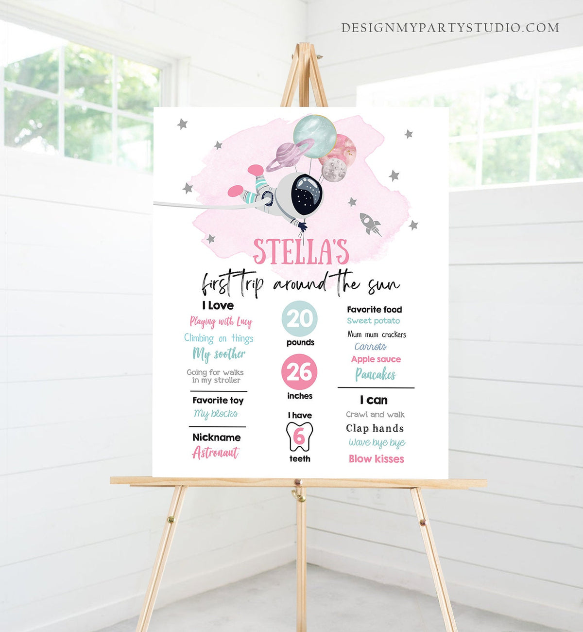 Editable Outer Space Birthday Milestones Sign Trip Around the Sun Girl 1st Birthday Space Galaxy Astronaut Template Printable Corjl 0366