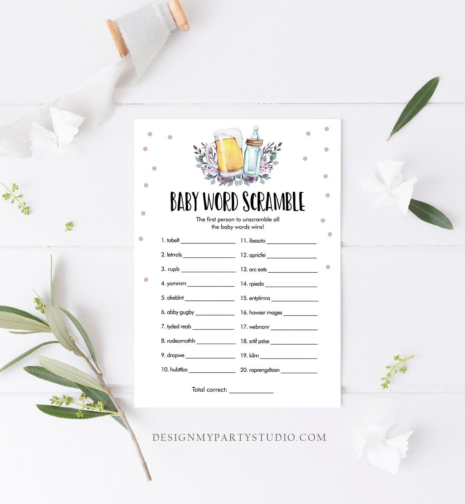 Editable Word Scramble Baby Shower Game Word Search Greenery Baby is Brewing Shower Purple Lilac Beer Bottle Corjl Template Printable 0190