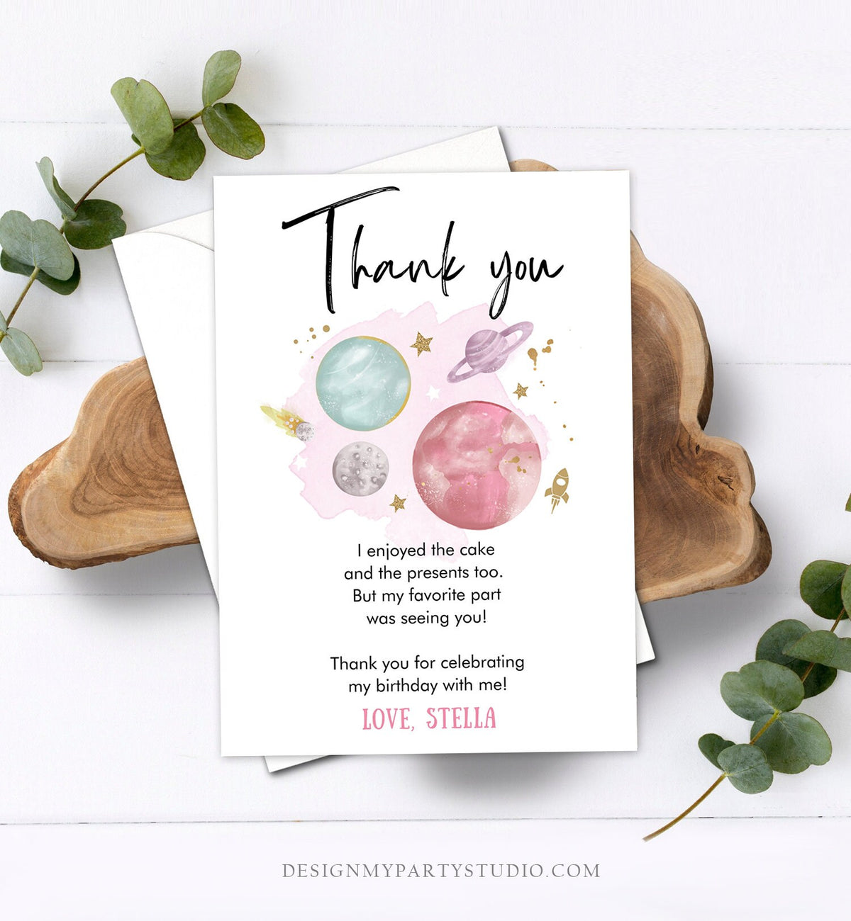 Editable Space Thank You Card Birthday Baby Shower Girl Astronaut To the Moon Galaxy Thank You Note Digital Download Template Printable 0357
