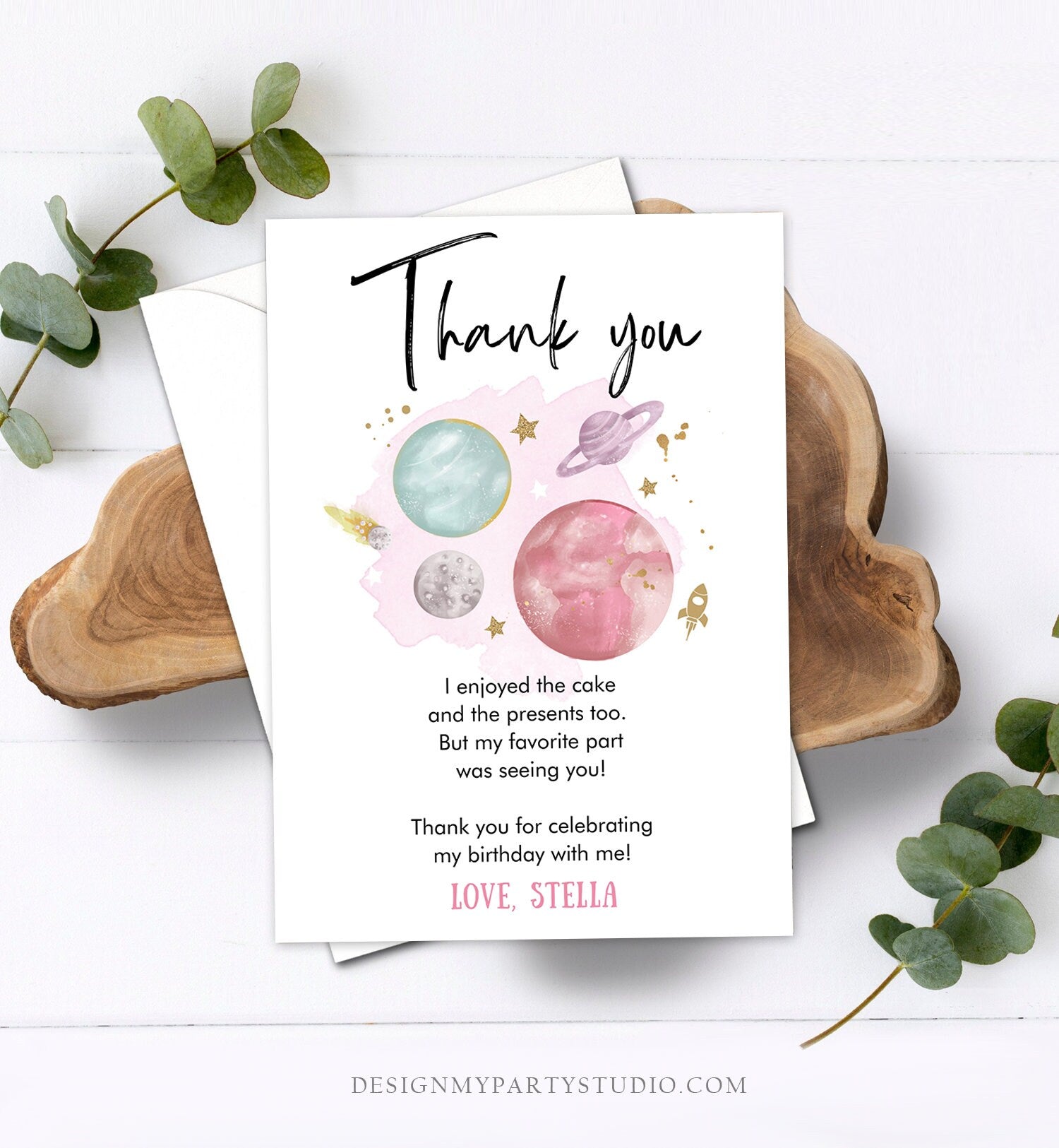 Editable Space Thank You Card Birthday Baby Shower Girl Astronaut To the Moon Galaxy Thank You Note Digital Download Template Printable 0357