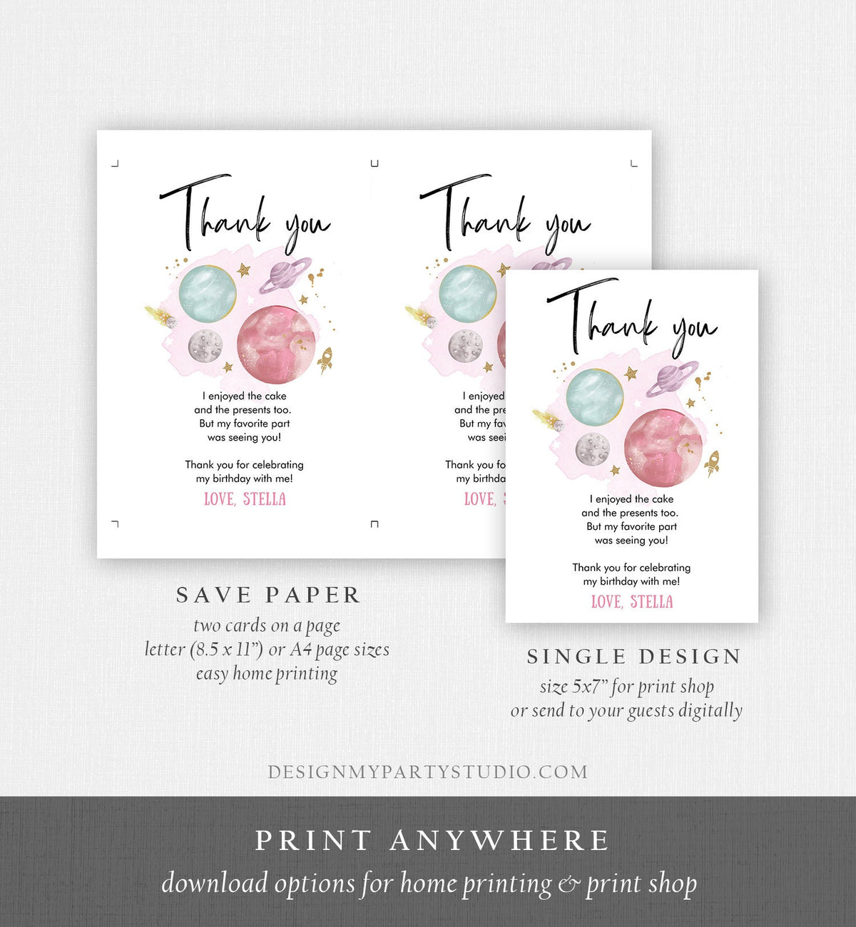 Editable Space Thank You Card Birthday Baby Shower Girl Astronaut To the Moon Galaxy Thank You Note Digital Download Template Printable 0357