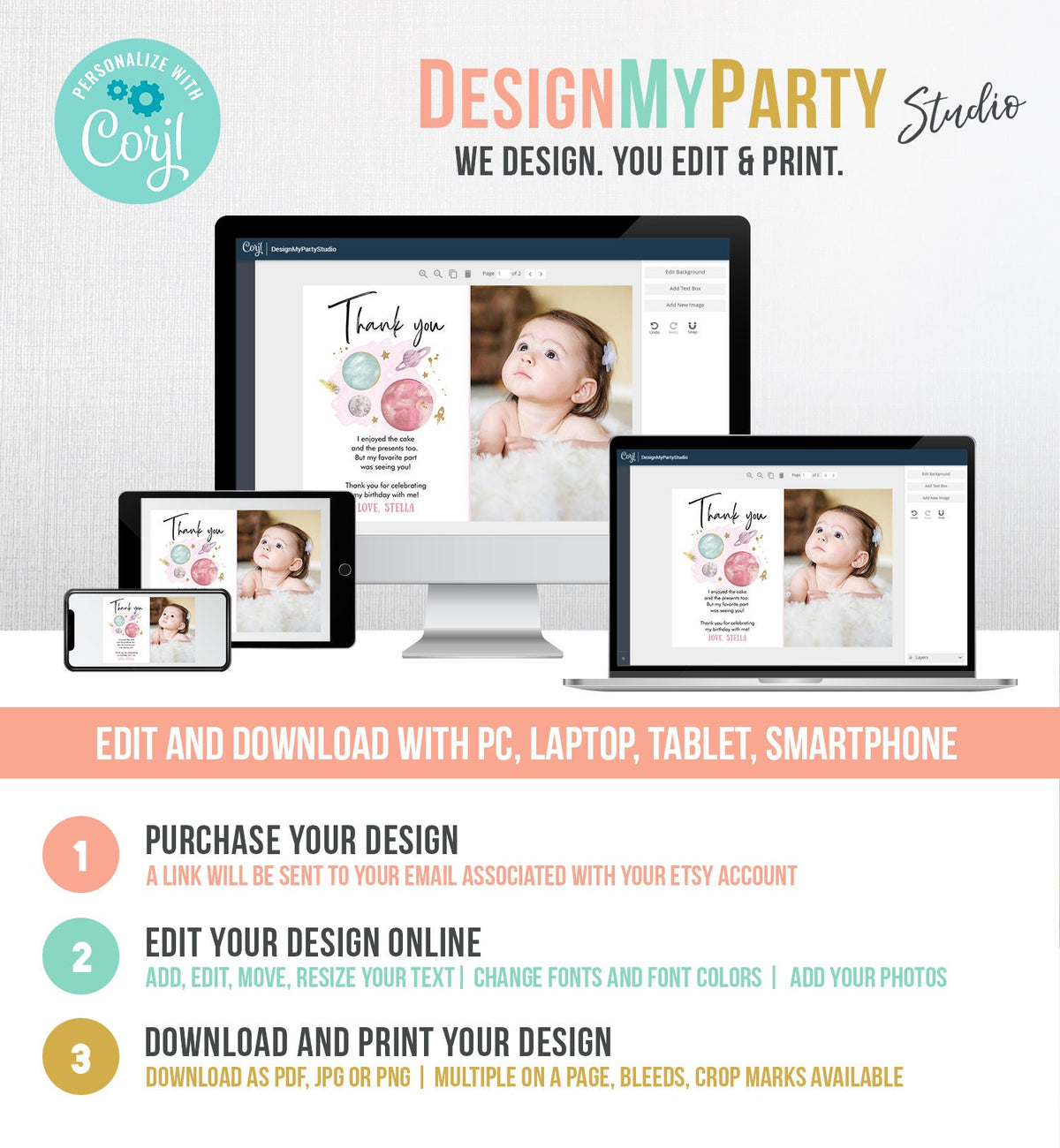 Editable Space Birthday Thank You Card Girl Space Astronaut To the Moon Galaxy Thank You Note Download Printable Template Digital 0357