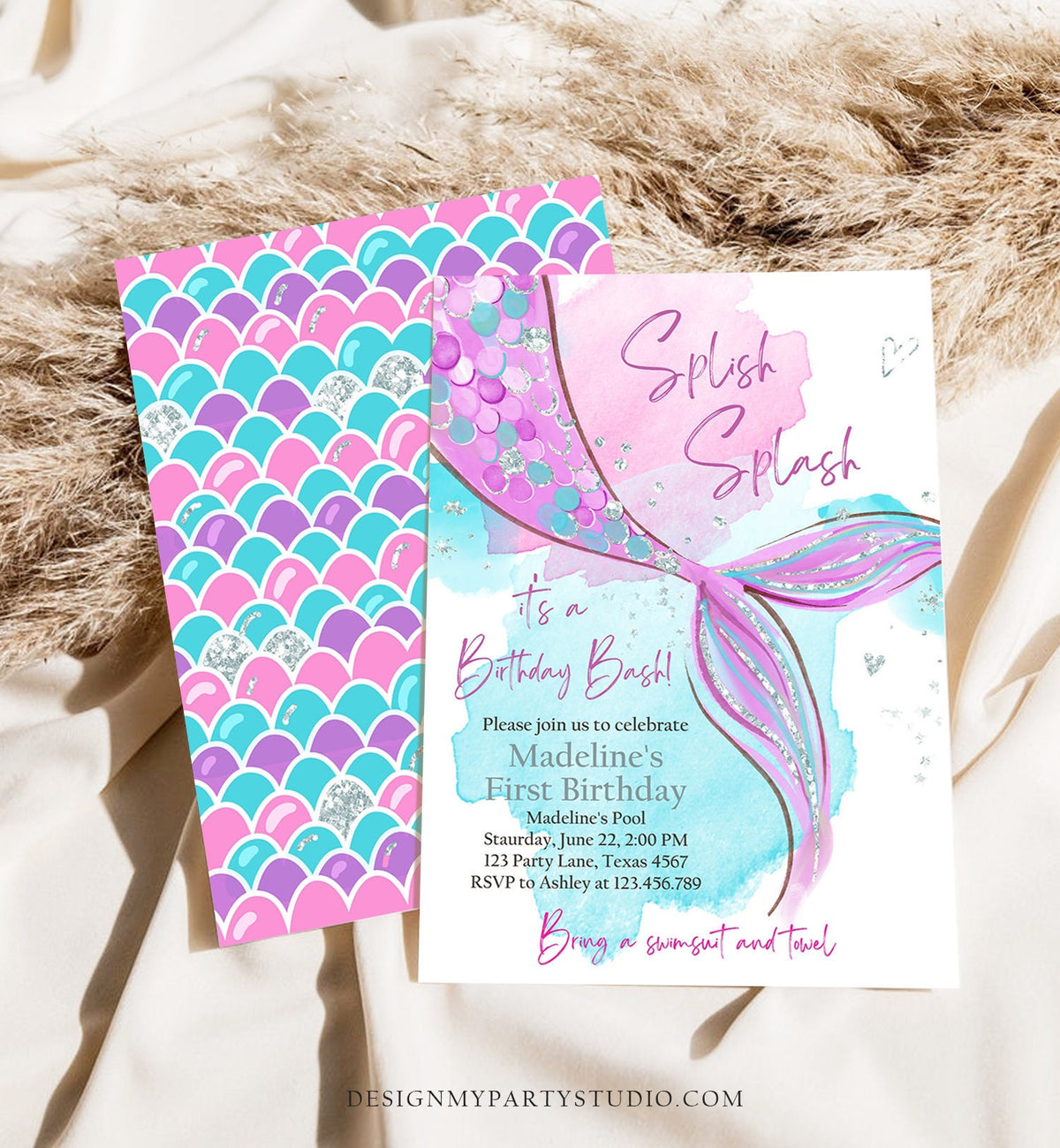 Editable Mermaid Birthday Party Invitation Girl Pink Purple Silver Mermaid Birthday Under The Sea Download Printable Template Corjl 0403