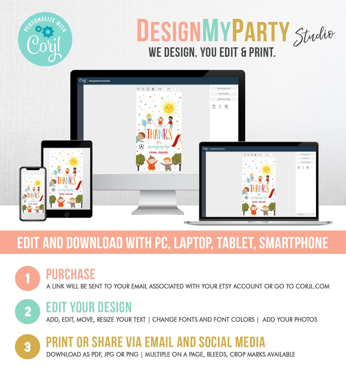 Editable Playground Favor Tag Party In the Park Thank You Tag Boy Birthday Run Climb Slide Digital Download Template Printable 0327