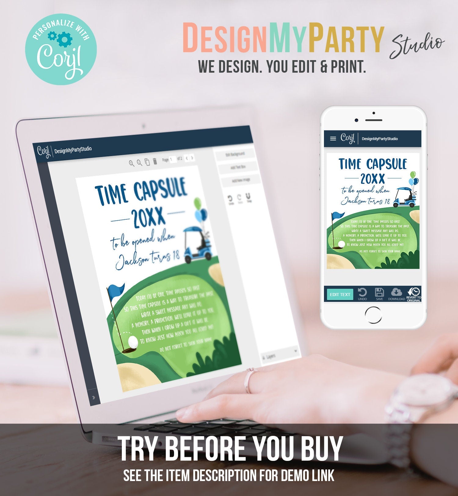Editable Golf Time Capsule First Birthday Party Hole in One Birthday First Par-tee Guestbook Boy Golfing Template Printable Corjl 0405