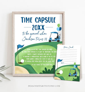 Editable Golf Time Capsule First Birthday Party Hole in One Birthday First Par-tee Guestbook Boy Golfing Template Printable Corjl 0405