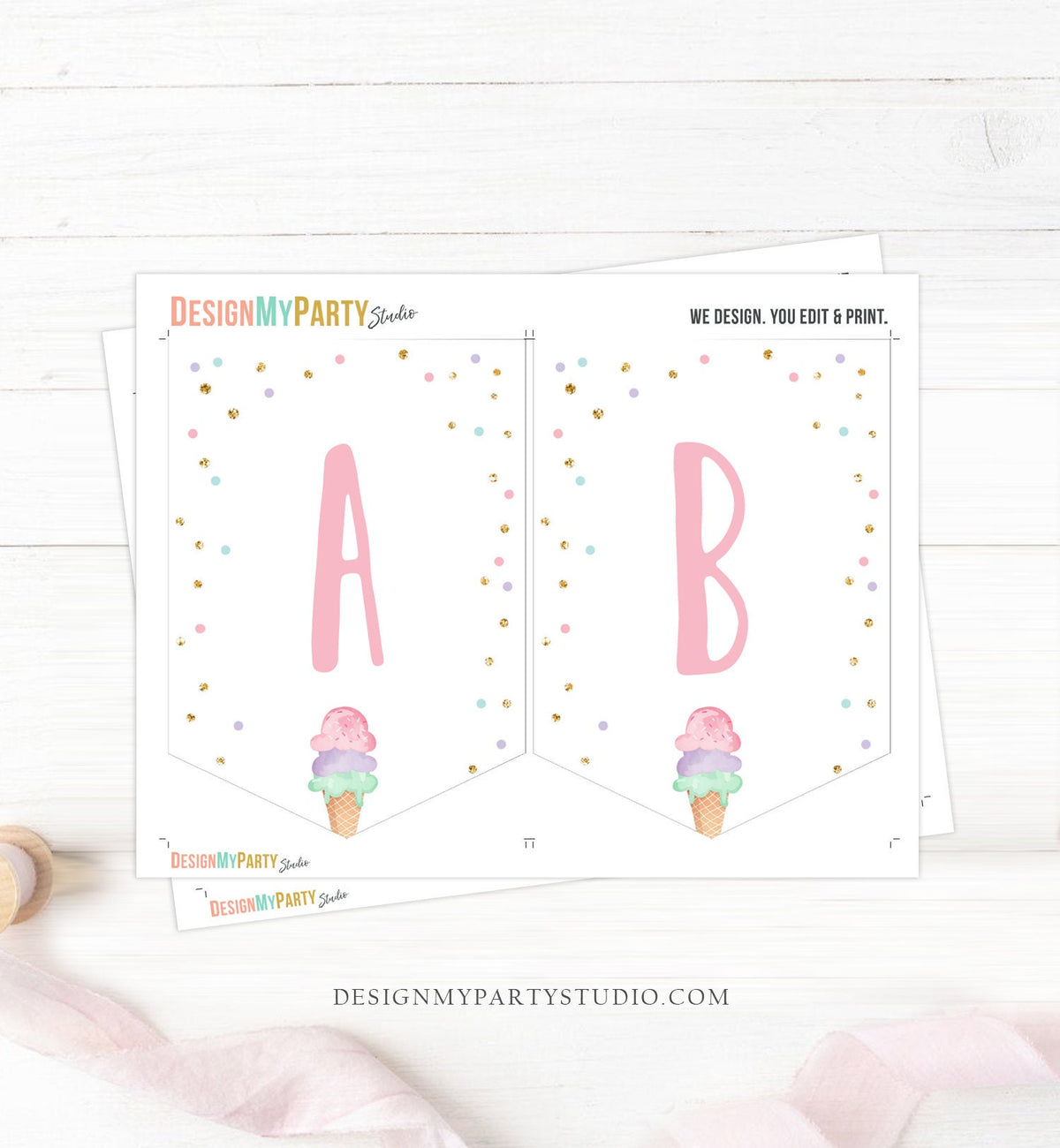 Ice Cream Birthday Banner A-Z Alphabet Numbers Banner First Happy Birthday Banner Girl Pink Gold Two Sweet Confetti Decor Printable 0243