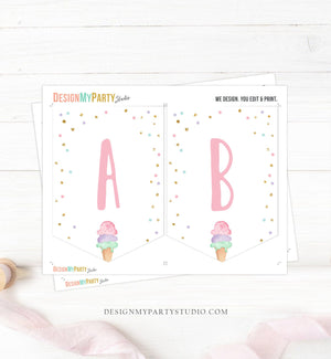 Ice Cream Birthday Banner A-Z Alphabet Numbers Banner First Happy Birthday Banner Girl Pink Gold Two Sweet Confetti Decor Printable 0243