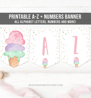 Ice Cream Birthday Banner A-Z Alphabet Numbers Banner First Happy Birthday Banner Girl Pink Gold Two Sweet Confetti Decor Printable 0243
