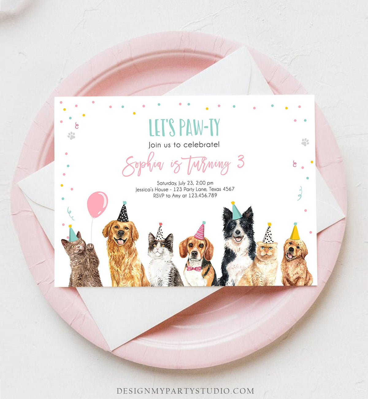 Editable Cats and Dogs Birthday Invitation Cat Dog Birthday Party Invite Girl Kitten Puppy Pawty Download Printable Template Corjl 0384