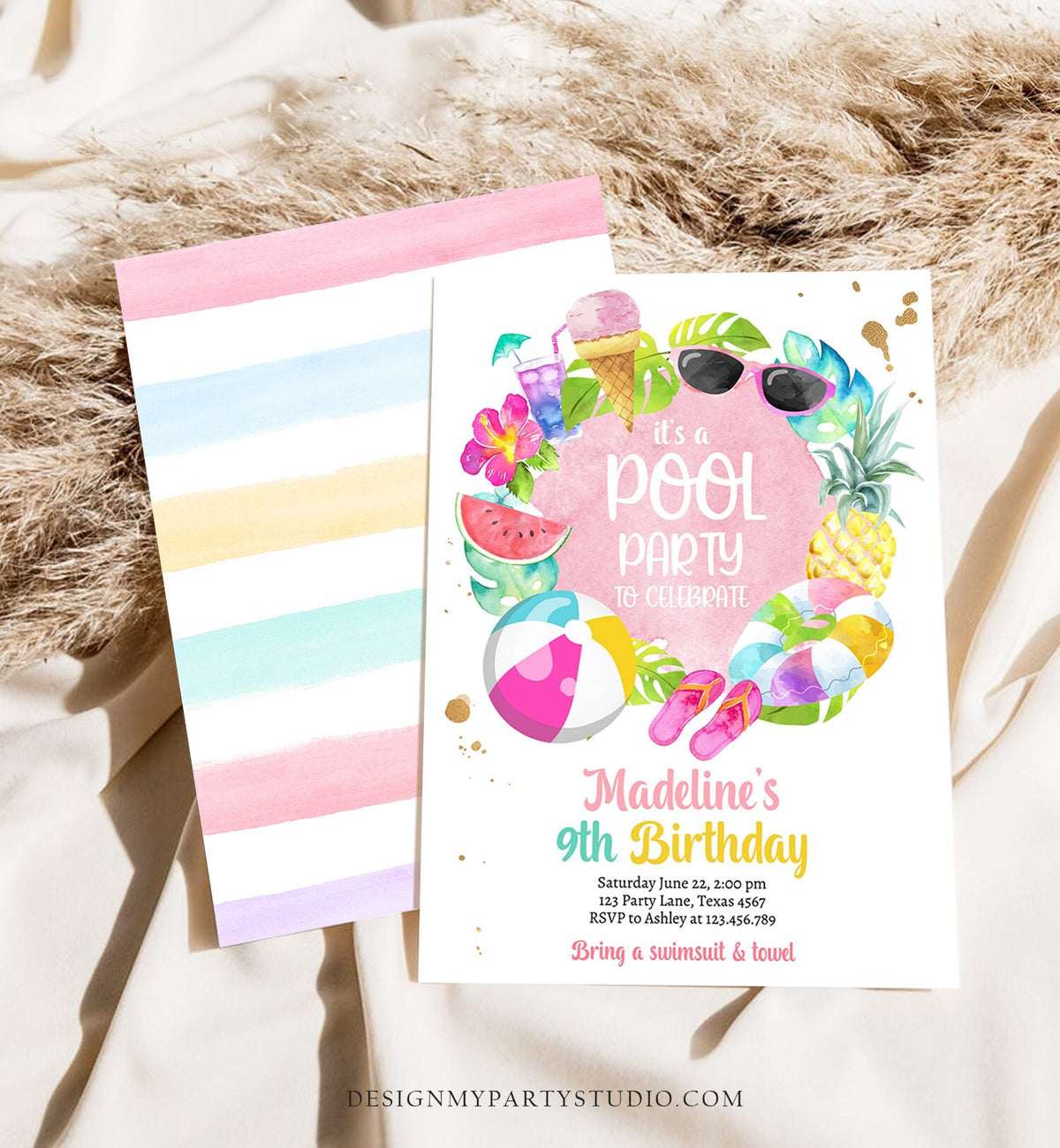Editable Tropical Pool Party Birthday Invitation Splish Splash Birthday Bash Girl Pineapple Digital Download Template Printable 0414
