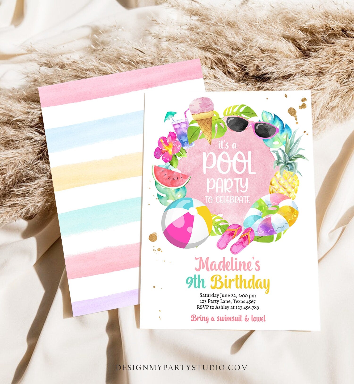 Editable Tropical Pool Party Birthday Invitation Splish Splash Birthday Bash Girl Pineapple Digital Download Template Printable 0414
