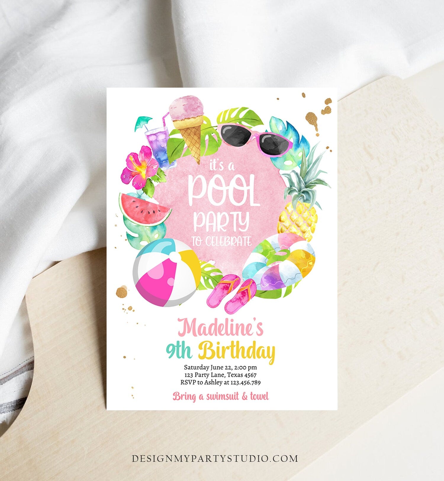 Editable Tropical Pool Party Birthday Invitation Splish Splash Birthday Bash Girl Pineapple Download Printable Invite Template Corjl 0414