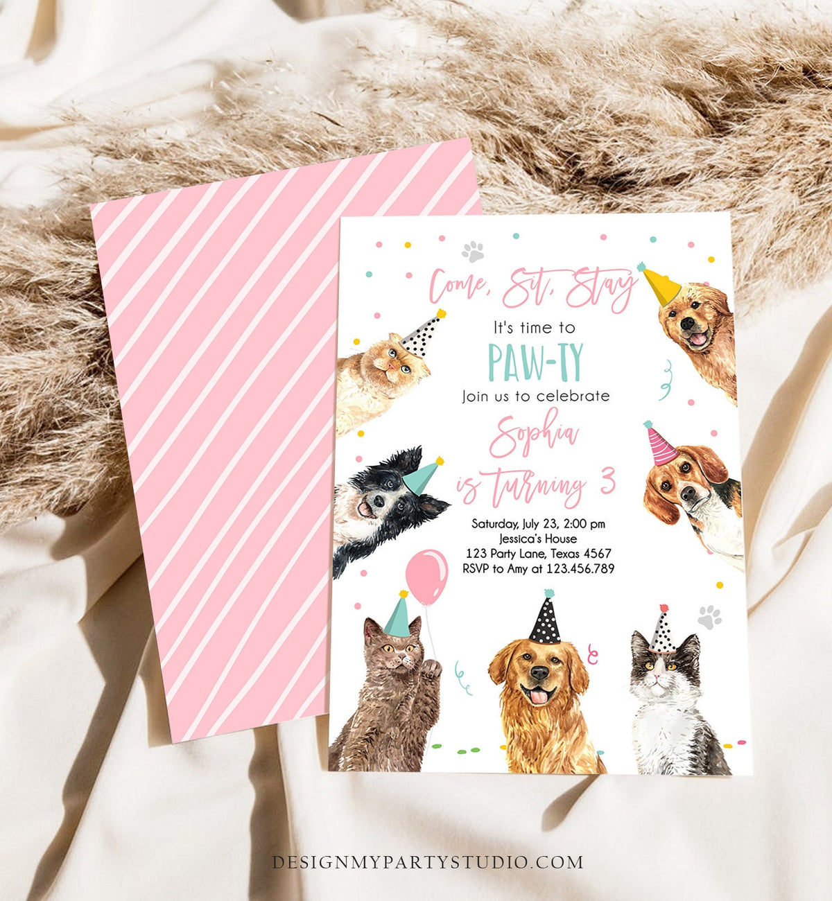 Editable Cats and Dogs Birthday Invitation Cat Dog Birthday Party Invite Girl Kitten Puppy Pawty Download Printable Template Corjl 0384