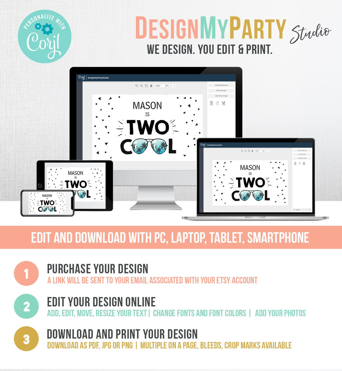 Editable Two Cool Backdrop Banner Boy Second Birthday Party Sunglasses Pilot Two Legit to Quit Digital Download Template Printable 0136