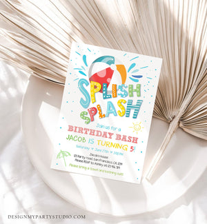 Editable Splish Splash Birthday Invitation Pool Party Boy Beach Ball Blue Green Birthday Bash Download Printable Invite Template Corjl 0169